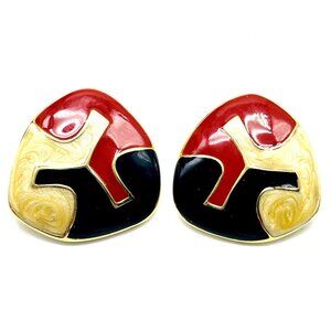 MONET Abstract Triangle Earrings Clip On Gold Tone Red Cream Black Enamel Mask